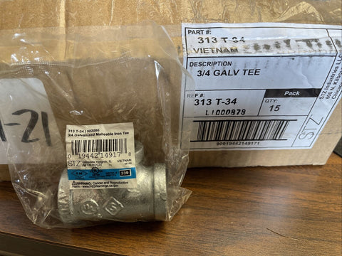 (15 PC CASE) 313 T-34, 502086, 3/4" GALVANIZED MALLEABLE IRON TEE **SHIPS FREE**