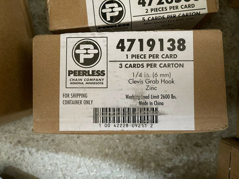 PEERLESS 4719138 1/4" CLEVIS GRAB HOOK ZINC 2600 LOAD LIMIT (3 PC CASE)-Mega Mart Warehouse