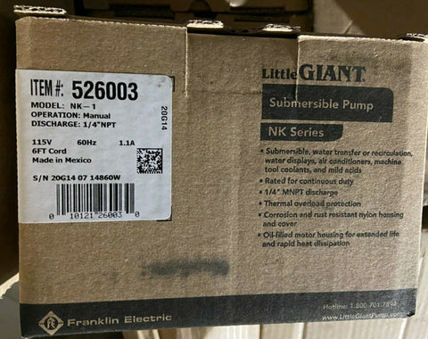 NEW Little Giant Corrosion-resistant Submersible Pump Model NK-1 (526003) 115V-Mega Mart Warehouse-Ultimate Unclaimed Freight Buyer and Seller Specialists