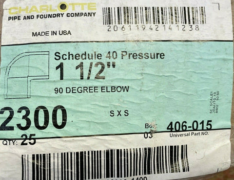 (50) 1 1/2" Schedule 40 PVC 90 Elbow Socket, 406-015 CHARLOTTE PIPE