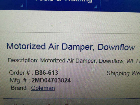 Motorized Air Damper, Downflow 2MD04703824 GENUINE COLEMAN *FREE SHIPPING*