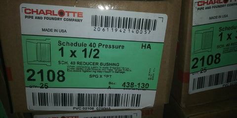 CHARLOTTE SCHEDULE 40 PRESSURE 1 X 1/2" REDUCER BUSHING 2108, 438-130, BOX OF 25-Mega Mart Warehouse
