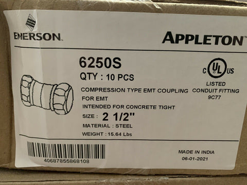 NEW Emerson 6250S Compression Type EMT Coupling, 2-1/2'', Steel (10 PC LOT)