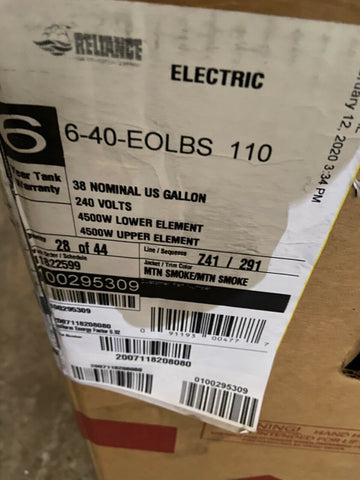 (1) NEW Reliance 6-40-EOLBS 38 Gallon Electric Low Boy Water Heater-Mega Mart Warehouse-Ultimate Unclaimed Freight Buyer and Seller Specialists