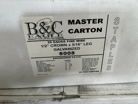 B&C 20 GAUGE FINE WIRE 1/2" CROWN X 5/16" GALVANZIED FASTENER 8008, 200,000 CASE-Mega Mart Warehouse
