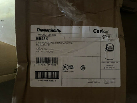 BRAND NEW Thomas & Betts  Carlon Male Terminal Adapter 2-1/2" E943K-CTN  25 Pack