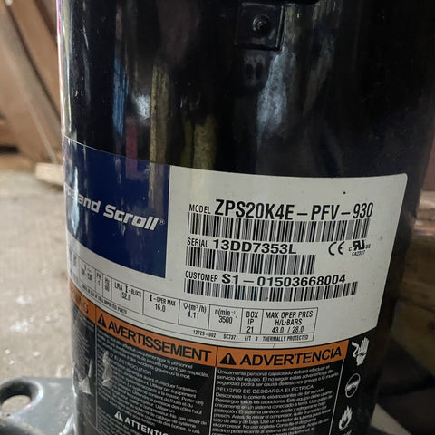 NEW COPELAND ZPS20K4E-PFV-930 SCROLL COMPRESSOR 208-230V, 1 PH, Hz 60