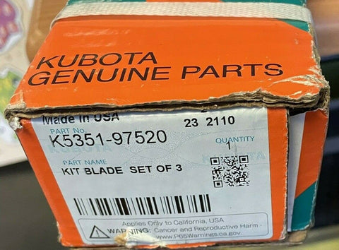 54" Cut Kubota Blades, Set of 3, Code K5351-97520, K5351-34342, K424