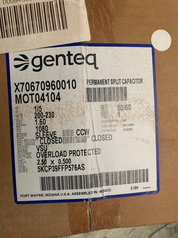 NEW Genteq MOT04104 Fan Motor 1/5 HP 200-230 VOLTS 1080 RPM CCW