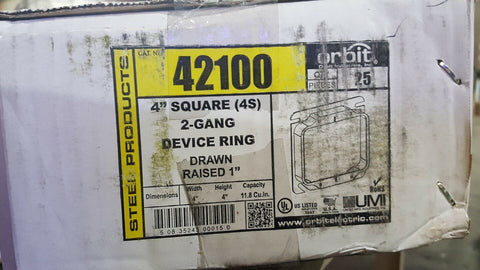(CASE OF 25) Orbit 42100 4 Inch Square 4S 2-Gang 1 Inch Raised Steel Device Ring-Mega Mart Warehouse-Ultimate Unclaimed Freight Buyer and Seller Specialists
