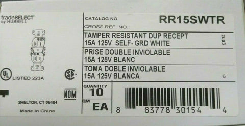 10 Hubbell White TAMPER RESISTANT Duplex Receptacle Outlets 5-15R 15A RR15SWTR-Mega Mart Warehouse-Ultimate Unclaimed Freight Buyer and Seller Specialists
