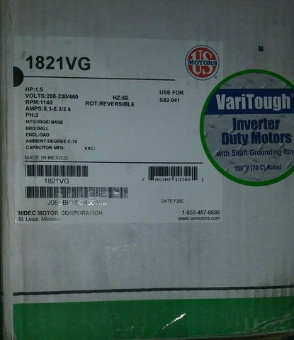 (1) NEW US Motors 1.5HP, 850RPM, 3PH, 208V;230V;460V, 56HZ Frame 1821VG-Mega Mart Warehouse-Ultimate Unclaimed Freight Buyer and Seller Specialists