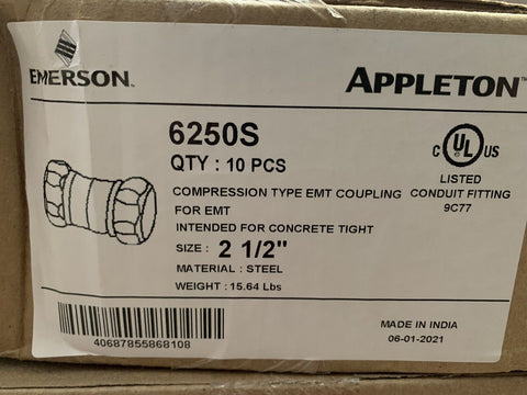 NEW Emerson 6250S Compression Type EMT Coupling, 2-1/2'', Steel (10 PC LOT)