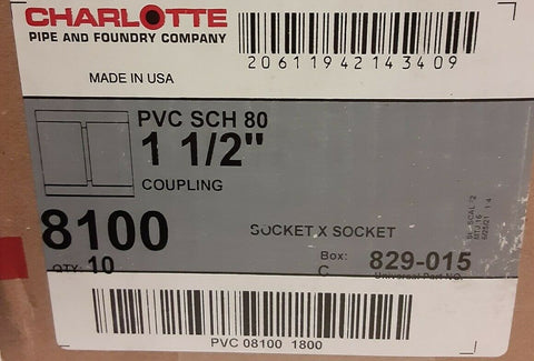 BRAND NEW Charlotte 1-1/2" Schedule 80 PVC Straight Coupling Socket 8100 829-015