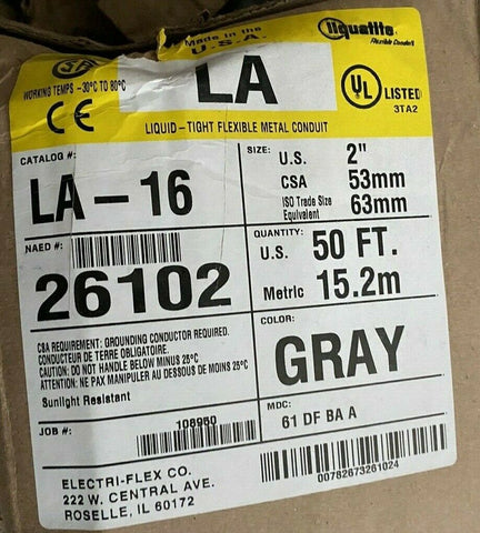 1 BRAND NEW LLQUATITE 26102  2" 50 FT  GRAY LIQUID TIGHT FLEXIBLE  METAL CONDUIT