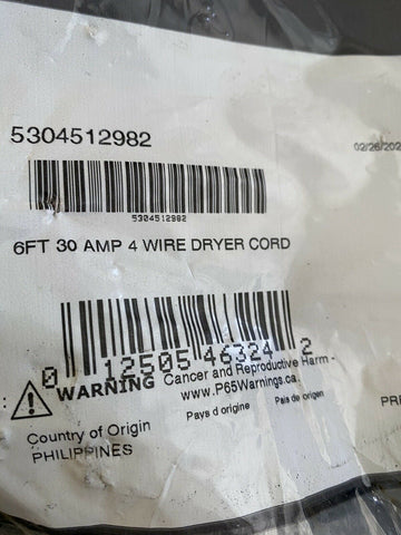 NEW Dryer Power Cord 5304512982   30 Amp 6 Foot Eyelet Terminals 4 Prong