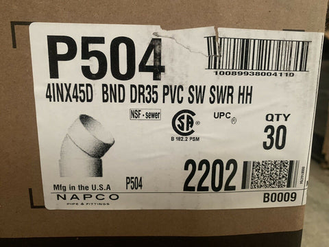 NEW NAPCO P504 4"x45D BND DR35 PVC SW SWR HH, 2202 (30 PC LOT)