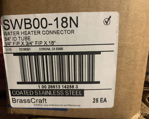 (25) BrassCraft SWB00-18N SS Water Heater Connector 3/4" ID, 3/4"FIPx3/4"FIPx18"
