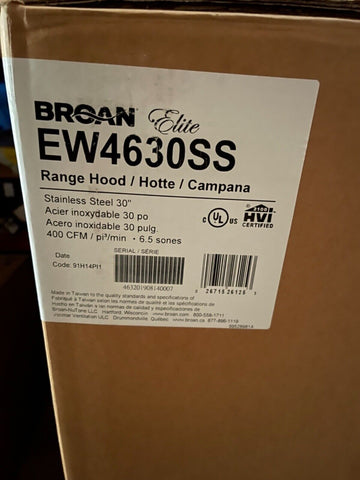 NEW Broan EW4630SS Elite 30" Curved Glass Chimney Hood 400 Cfm Elect Control