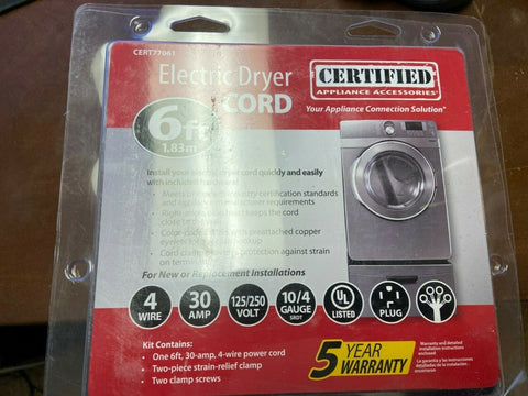 NEW Certified Appliance 77061 6-Ft Electric Dryer Cord, 4 Wire, 30 amp, 125/250-Mega Mart Warehouse-Ultimate Unclaimed Freight Buyer and Seller Specialists