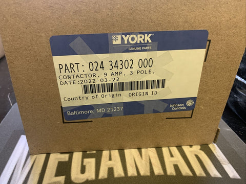 NEW York Controls 024-34302-000 3Pole, 9AMP, 600V Contactor