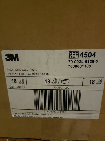3M (4504-1/2"x18yd) Vinyl Foam Tape 4504 Black, 1/2 in x 18 yd [18 Rolls]