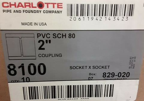 BRAND NEW CHARLOTTE PVC COUPLING 2'' (829-020) 8100   ( 10 PER ORDER )