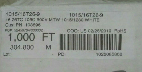 NEW 1015/16T26-9,16 26TC 105C 600V MTW 1015/1230 WHITE 1000FT-Mega Mart Warehouse-Ultimate Unclaimed Freight Buyer and Seller Specialists