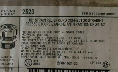 BRAND  NEW 25 Thomas & Betts 2523 Cord Connector Strain Relief 1/2" .450-.560