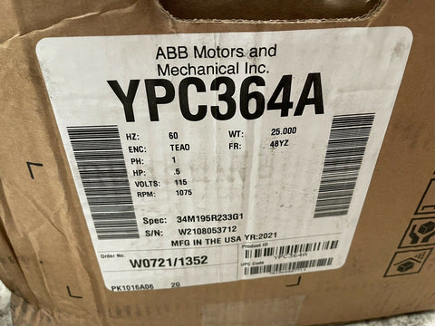 NEW OEM YPC364A  ABB BALDOR .5HP, 1075RPM, 1PH, 60HZ, 48YZ, 3420C, TEAO, F1