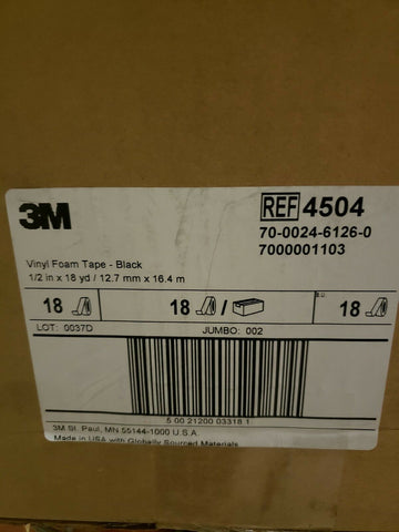 3M (4504-1/2"x18yd) Vinyl Foam Tape 4504 Black, 1/2 in x 18 yd [18 Rolls]-Mega Mart Warehouse-Ultimate Unclaimed Freight Buyer and Seller Specialists