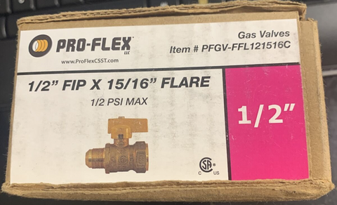 Pro-Flex Gas Valve 1/2" FIP x 15/16" Flare PFGV-FFL121516C, (5 PC LOT)