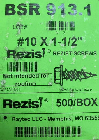 REZIST BSR913.1 SCREWS, #10 X 1-1/2", 5 BOXES 500 PCS PER BOX (2500PCS)-Mega Mart Warehouse