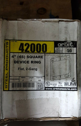 (BOX OF 50) Orbit 42000 4 Inch (4S) Square 2-Gang Flat Steel Device Ring-Mega Mart Warehouse-Ultimate Unclaimed Freight Buyer and Seller Specialists