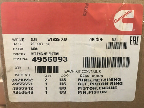 NEW Cummins Genuine Part 4956093 KIT,ENGINE PISTON-Mega Mart Warehouse-Ultimate Unclaimed Freight Buyer and Seller Specialists
