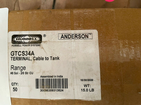 50/CASE HUBBELL POWER SYSTEMS TERMINAL, CABLE TO TANK RANGE #8 SOL - 2/0 STR CU-Mega Mart Warehouse