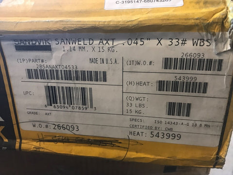 NEW Sandvik Sanweld AXT Mig Wire .045" 33lbs-Mega Mart Warehouse-Ultimate Unclaimed Freight Buyer and Seller Specialists