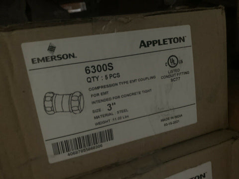 NEW Emerson 6300S 3" EMT Compression Coupling Connector, Steel (5 PC LOT)