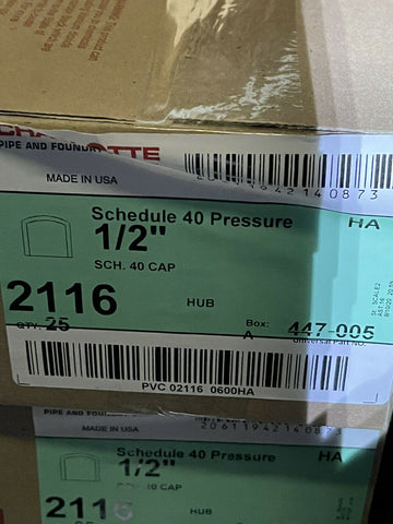 CHARLOTTE SCHEDULE 40 PRESSURE 1/2" CAP, 2116, 447-005, BOX OF 25-Mega Mart Warehouse