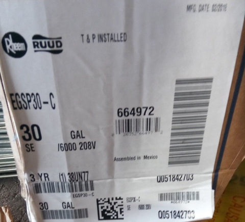 Nuovo RHEEM-RUUD 30 Gallone. Commerciale Elettrico Scaldabagno,6000W,EGSP30-C