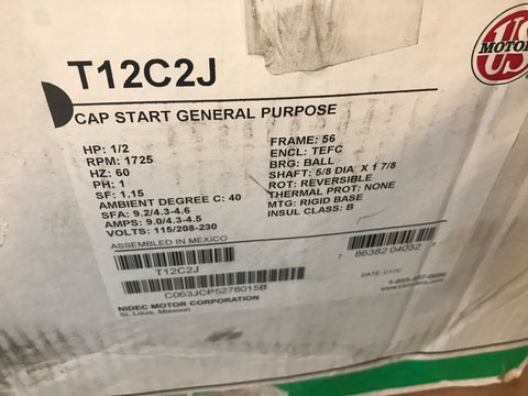 US Motors - 1/2 Hp, 1,725 RPM, 1 Speed, Single Phase Permanent Split Capacitor-Mega Mart Warehouse-Ultimate Unclaimed Freight Buyer and Seller Specialists