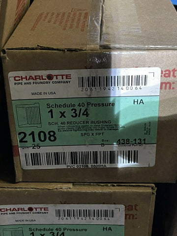 CHARLOTTE SCHEDULE 40 PRESSURE 1 X 3/4" REDUCER BEARING 2108, 438-131, BOX OF 25-Mega Mart Warehouse