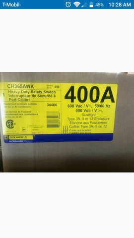 Nuevo Schneider Electric CH365AWK Interruptor Fusible HD 600-Volt 400-Amp 3P