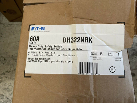 NEW Eaton DH322NRK Safety Switch, 60A,3P,240V/250VDC, HD Fusible, NEMA 3R-Mega Mart Warehouse