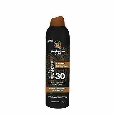 (6) Australian Gold CONTINUOUS SPRAY SUNSCREEN Spf 30 W/ INSTANT BRONZER 6oz